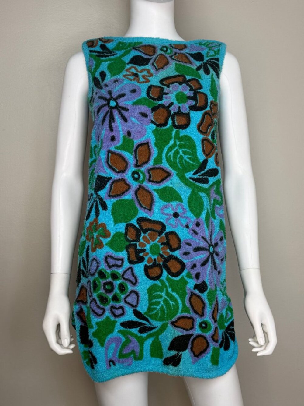Vintage 1960s Floral Terry Cloth Dress Sherry Miami Swim Beach Towel Cover Up XS - Picture 2 of 6